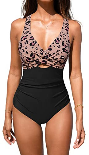 CUPSHE – Maillot de bain une pièce pour femme, effet gainant, col en V, Noir/léopard, XL