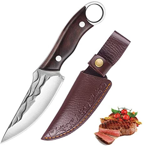 Fubinaty Kleines Kochmesser Tisch Fleischmesser Handgefertigt Geschmiedetes Outdoor Camping Grills Messer High Carbon Steel Küche Koch Messer Full Tang Holzgriff mit Lederscheide