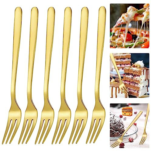 Cake Forks Dessert Fruit Dinner Small Stainless Steel Metal Cutlery Table Fork Set Pack of 6, Gold