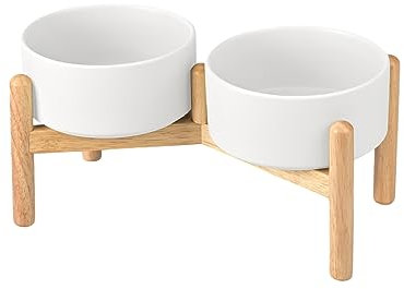 SPUNKYJUNKY Hundenapf Keramik Fressnapf Erhöhter Futternapf Wassernapf mit Bambus Ständer für mittelgroße und große Hunde (850ml, Weiß)