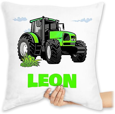 Kissen 40x40 Zierkissen - Geschenk Traktor mit Name personalisiert I Trecker Fan I Zugmaschine I Bulldog I Schlepper - 40 x 40 cm - Weiß - traktorkissen Kinder Landwirtschaft sitzkissen