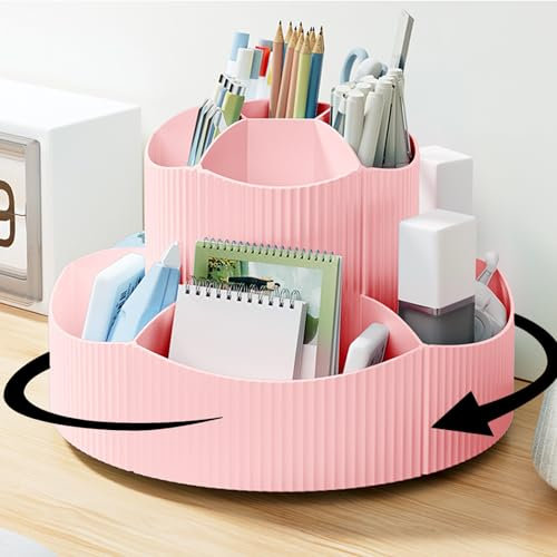 SAMSYOKI Porte Stylo Rotatif Organisateur de Bureau à Rotation 360° avec 11 Compartiments Pot à Crayon Multifonctionnel Porte-stylos pour Classe et Maison (Rose)