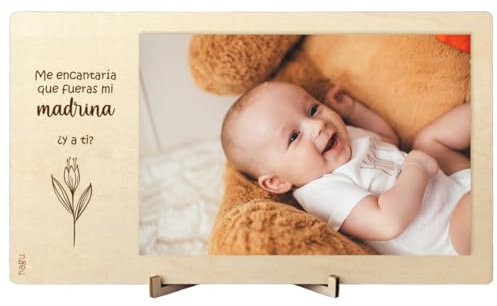 nagu® Marco de Fotos de Madera - Regalos Personalizados - Quieres Ser Mi Madrina - Recuerdos Bautizo para Bebé - Foto 10x15 cm - Soporte para Mesa - Trasera Lisa para Dedicatoria Especial