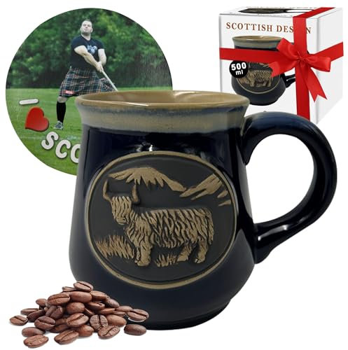 Glen Appin Tasse en grès avec passepoil en relief de vache des Highlands de 500 ml de large pour café, thé, chocolat chaud | Coffret cadeau de Noël et Nouvel An | Scottish Heritage (bleu)