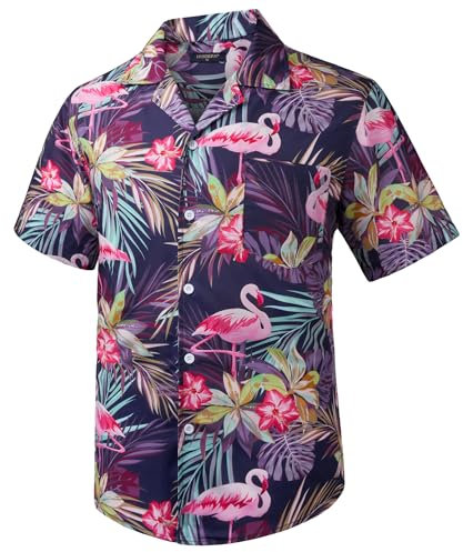 HISDERN Chemise Homme Hawaienne Manches Courtes Poche Avant Ete Chemise a Flamants Roses Homme pour Plage Vacances Tropicale L