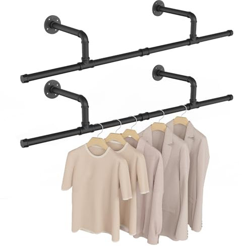 Yawinhe Industrierohr Kleiderstangen, Kleiderständer für die Wand, Rustikale Kleideraufbewahrung, Garderobenstange wandmontage, für kleine Zimmer, Schwarz,121cm, 2-Pack