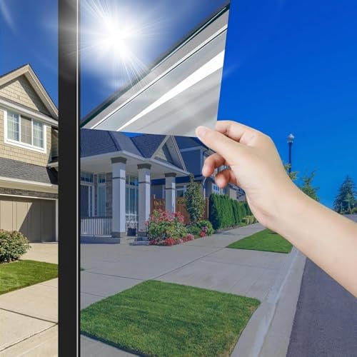 Sonnenschutzfolie Fenster Außen Fensterfolie Selbsthaftend Spiegelfolie Sichtschutzfolie, Wärmeisolierung Sonnenschutzfolie UV-Schutz für Haus Offices und Geschäfte, Silber, 75x200cm
