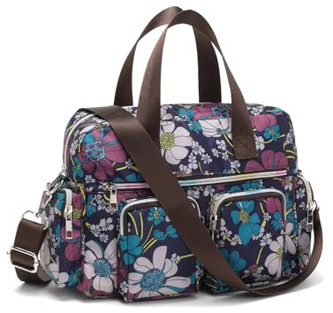 KONO leichte Damen Handtasche mit Blumenmuster, Wasserdichte Henkeltasche, Groß Umhängetasche für Frauen, Multifunktionale Schultertasche für Arbeit, Shopper, Reisen (Marine)