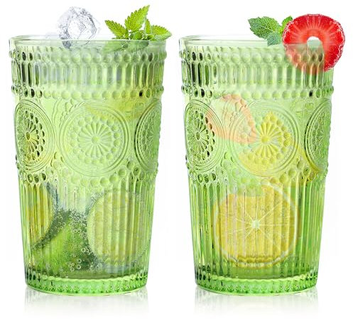 Loivttvv 6pcs Vintage Drinking Glasses Set, 12 oz Green Highball Glasses, Embossed Ribbed Glassware Cups for Cocktail, Water, Juice, Coffee, Whiskey
