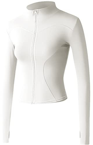 Vanchenl Damen Slim Fit Athletische Full Zip Stretch Leichte Workout Laufjacke mit Daumenlöchern Weiß L