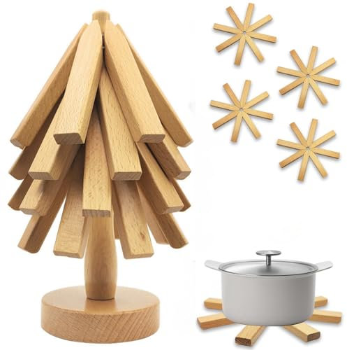 Untersetzer Holz Set für Baumkunst, Weihnachtsbaum Topfuntersetzer Holz Set mit 4 Untersetzer Topf & 1 Ständer, Faltbare Untersetzer Topf für Küchenpfannen,Töpfe und Besteck (Hellfarben, Quadratisch)