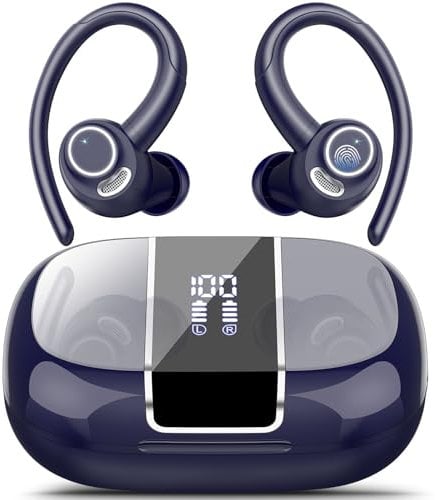 Csasan Bluetooth Kopfhörer Sport, Kopfhörer Kabellos Bluetooth 5.3 mit Ohrhaken, 48Std 3D Stereo In Ear Kopfhörer mit ENC Mic, LED-Anzeige, Touch Control, IP7 Wasserdicht Ohrhörer Dunkelblau(2024)