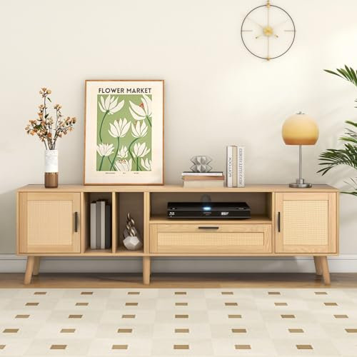 KOMHTOM Sideboard TV Schrank mit Schubladen offenes Staufach und Zwei Türen, Einfacher Rattan Fernsehschrank Aufbewahrungsschrank für Wohnzimmer Schlafzimmer (A)