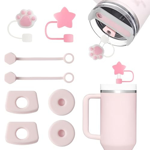 8pcs Set für Stanley Cup Adventure Quencher 1.0 und 2.0 30oz und 40oz Zubehör Auslaufschutz 6pcs mit 2pcs Strohhalm Straw Cover Abdeckung für 9-10 mm Strohhalm (Light Pink) (Cups nicht enthalten)