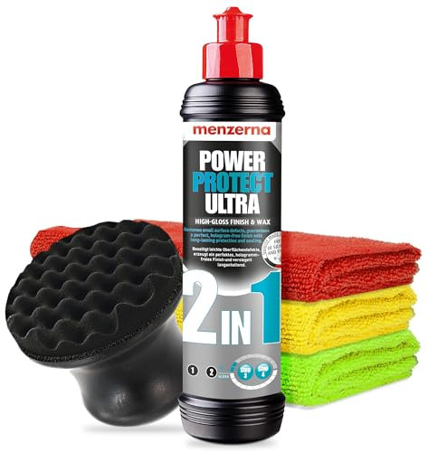 Auto Politur Set | Menzerna Power Protect Ultra 2in1 250ml Autopolitur + Polierpad 85mm + Applikator + 3x Poliertuch | Entfernt leichte Kratzer und Schlieren | Hochglanzpolitur + Lackversiegelung