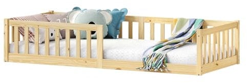 IDIMEX Gustavo - Cama de suelo con protección anticaídas de pino macizo, 90 x 200 cm, cama para niños Montessori