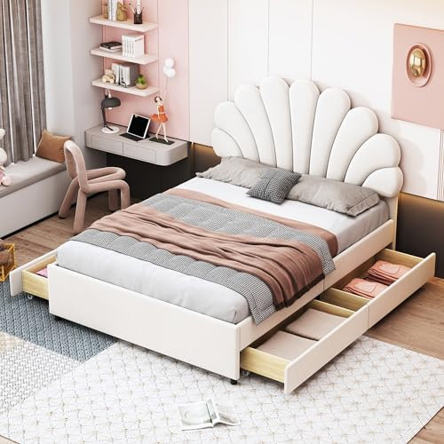 ZYLOYAL10 Polsterbett Kinderbett, Bettgestell mit Kopfteil in Blumenform und Lattenrost, Teenie-Mädchenbett in hautfreundlichem Samtstoff, Gästebett (140 x 200 cm - Beige - mit 4 Ablagefächern)