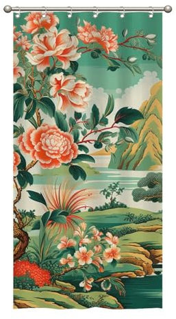 Madcolitote Chinoiserie Rideau de douche traditionnel chinois 91,4 x 183 cm Motif vase asiatique Ming Vert