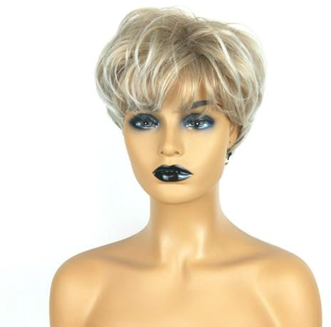 1 Stück Blonde Damen-Kurzhaarperücke, Schräge Pony-Perücke, Flauschiges, Mehrschichtiges Damen-Kurzhaar, Geeignet Für Cosplay, Maskerade, Musikparty