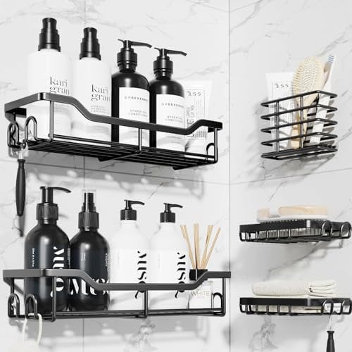 Kitsure 5 Pack Rustproof Shower Caddy - Minimalist Style Bathroom Shelves, Wall-Mounted Shower Shelf, Large Capacity&Durable Bathroom Accessory, Large, 5 Pack, Black