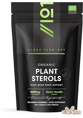 Organic Plant Sterols 1500mg - Sourced from Pine Bark Extract - 90 Vegan Capsules - Heart Health Support Herbal Supplement - Resealable and Recyclable Pouch - by Alpha01