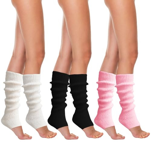 FUIPVGI 3 Pairs Leg Warmers, Knitted Leg Warmers 80s for Women Girls, Ribbed Legwarmers Knee Warmers Ladies, Long Boot Cuff Knee Socks for Ballet Dance Yoga Daily (Black,White,Pink)