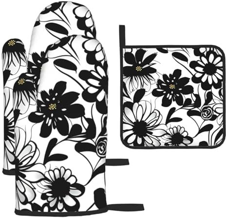 Set di 3 guanti da forno e presine con fiori bianchi e neri natalizi, resistenti al calore, regalo da cucina per cucinare