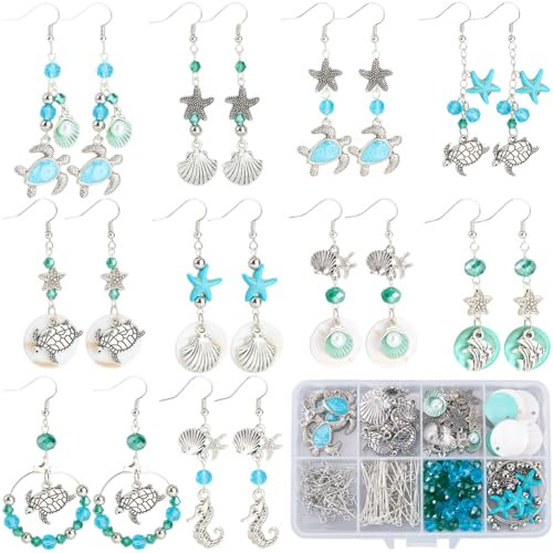 SUNNYCLUE 1 Box DIY 10 Paar Sommer Ohrring Bastelset Meerestier Perlen Antik Silber Tibetischer Stil Schildkröte Seepferdchen Schildpatt Sterne Perlenanhänger Für Schmuckherstellungssets Für Erwachsen