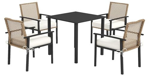UATARU Rattan Lounge Set for 4-Person, 5-Piece Garden Furniture Set with Table Chairs, Cushion for Terrace Balcony