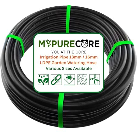 MYPURECORE Irrigation Pipe 13mm / 16mm LDPE Garden Watering Hose – Heavy Duty UV Resistant Black Tubing Roll for Drip System, Greenhouse, Outdoor Plant Irrigation – Flexible Hose Pipe (100m)