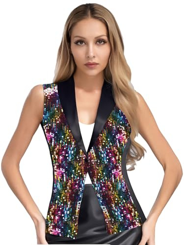 FEESHOW Damen Pailletten Weste Ärmellos V-Ausschnitt Glitzer Jacke Gilet Slim Fit Sparkle Festival Party Karneval Kostüm