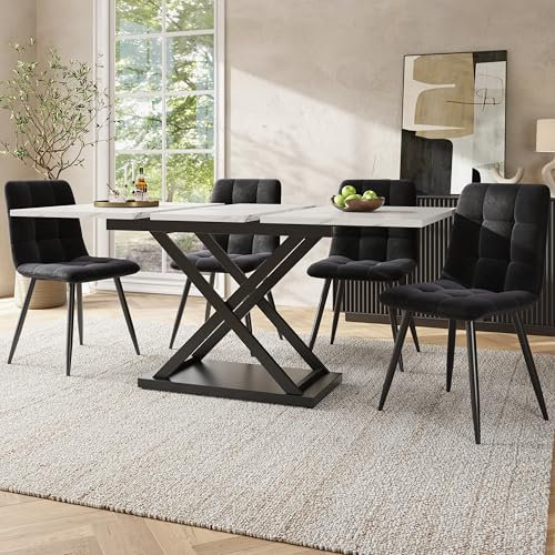 Gxffipw Essgruppe Ausziehbarer Esstisch mit 4 Stühlen Set für 4 Personen, Esszimmertisch mit Eisenbeinen, Weiß Esstisch 160×80×75 cm mit Schwarz Samt Esszimmerstühle, Küchenmöbel, Esszimmermöbel