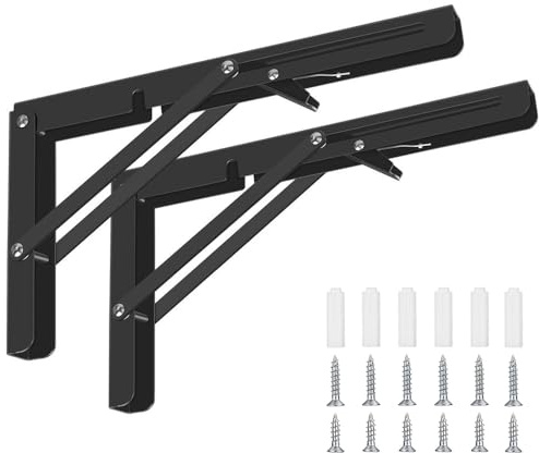 HSEANWWW pliant Noir 400 mm, 2 consoles pliables avec support noir, support d'étagère pliable, console pliable avec support robuste, support carré, pour garage, cuisine, chambre