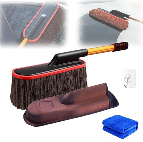 Car Duster with Extendable Telescoping Handle, 2025 New Car Duster Brush,Car Valeting Duster,Wax Brush Mop Cleaning Cloth Scratch Free Dusting Waxing Use for SUV Truck RV Garage (Brown)