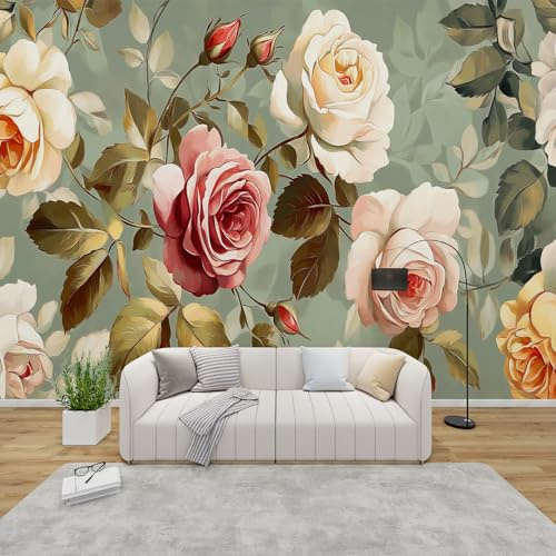QEODAH Fototapete Rose Schlafzimmer, 3D Tapete Vintage Rosen Blumen, Vliestapete Grün Rosa, Tapeten Wohnzimmer Muster, Grün Blätter Wand Deko Kinderzimmer, Wandtapete, Mustertapete Vlies 300x210 cm