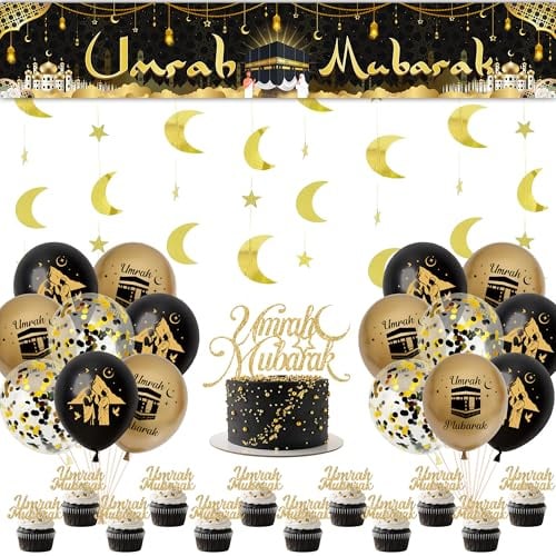 Umrah Mubarak Deko Luftballons Banner - Schwarz Gold Hajj Dekoration Ballons und Lange Hintergrund, Stern Mond Girlande und Tortendeko für Muslim Festival Islamische Party