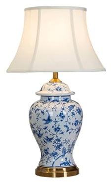 HGTYDV2 Lampe de Table en Porcelaine Bleu et Blanc Classique Fleurs et Oiseaux de Table en céramique Lampe de Table Florale vintale pour Le Bureau