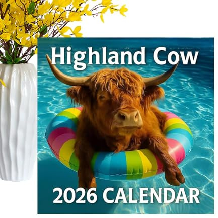 Wandkalender – Niedlicher Tier-Kuh-Kalender 2026, quadratisch, 12 Monate, lustiger schottischer Hochlandrinder, Wandplaner, Heimdekoration, für Organisation und Planung, Tagesplaner, Verlagsplaner