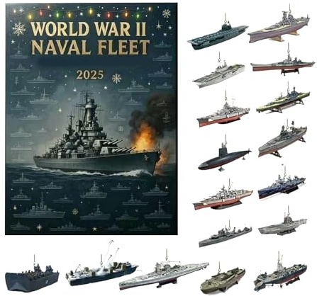 Advents Kalender 2025 Marineflotte WW2, 24 Tägiger Weihnachtskalender Kriegsschiff Ornamenten WW2, Adventskalender Anhängern Militärschiffe World War II, Christbaumschmuck Marineschiffen WW 2