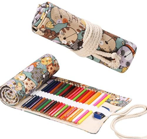 YAZWUR 1 Stück Rollmäppchen, 48 Löcher Canvas Pencil Bag, Bleistifthalter für Künstler, Pencil Holder, Aufbewahrung für Stifte und Buntstifte zum Schreiben, Zeichnen