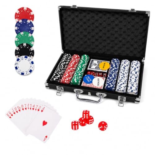PLAYWUS Pokerset inkl. 2X Pokerdecks, 5X Würfel, Dealer/Small Blind/Big Blind Button, Pokerspiel Alu Pokerkoffer Laser Pokerchips Set, Kartenspiele Aluminium Kasino (300 Chips/Schwarz)