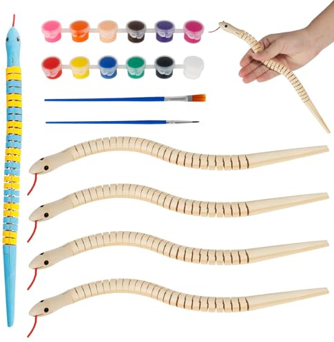 VAVPUP 5 Stück Unbehandeltes Holzschlangen Set,Bemalen Schlange Spielzeug mit 12 Leuchtende Farben und 2 Pinsel,Sicher Geruchlos Kreatives Bastelset,Geschenke für Party,Schlangen Kind,Halloween(5pcs)