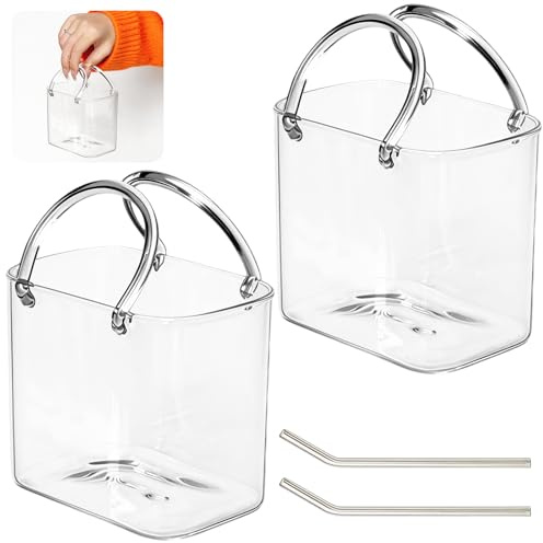 2PCS Bicchieri, 750ML Bicchieri Da Borsa Da Vino Trasparenti Con Manici Per Donna Bottiglia Di Vino Quadrata In Vetro Moderna E Decorativa Fatta A Mano Decorazione Per Succhi Di Frutta Tè Fiori