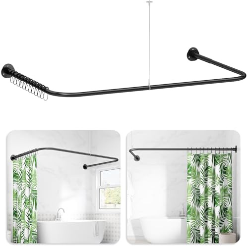 Duschvorhangstange U Form & L Form, (62-89.5) X (78-198) X (62-89.5) CM Verstellbare Duschstange U Form mit 12 Vorhangringen und Deckenstütze für Badewanne/Dusche, Bohren Erforderlich - Mattschwarz
