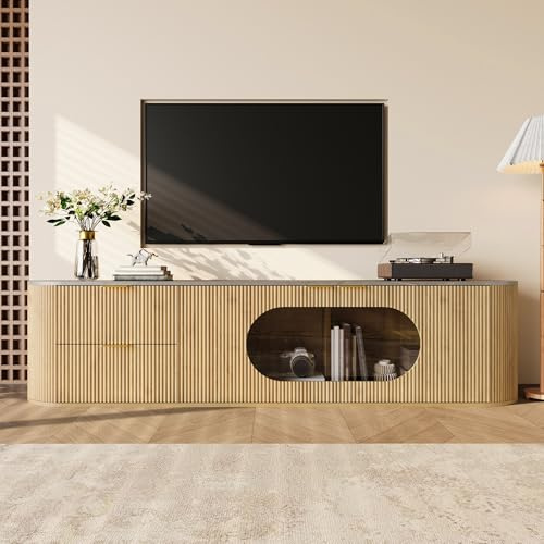 RAPRAP Meuble TV de 172 cm avec façade 3D et vitrine en verre ovale – concept de rangement polyvalent, aspect bois naturel et surface de travail généreuse, meuble TV moderne