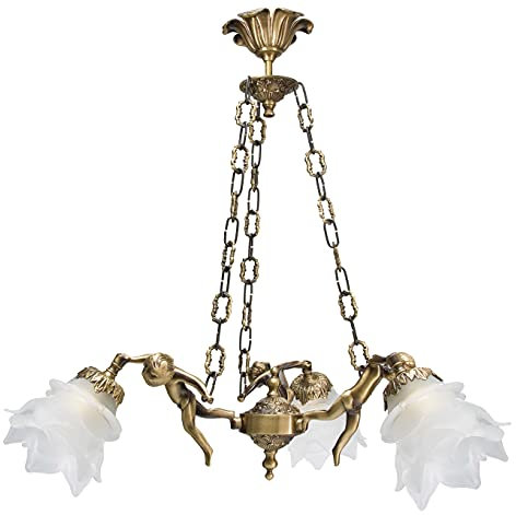Licht-Erlebnisse Florale Pendelleuchte Putti Bronze Echt Messing MADE IN ITALY Echte Handwerkskunst vollendeter Qualität E27 230 Volt Jugendstil Deckenleuchte Innen Esszimmer Küche