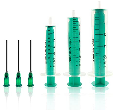 3 Stück Spritzen-Set 5ml, 10ml, 20ml mit stumpfer Nadel aus Kunststoff | Einweg, Feindosierung, Flüssigkeiten, Kleber, Öl, Basteln, Modellbau, Handwerk, Hobby, Präzisionsanwendung