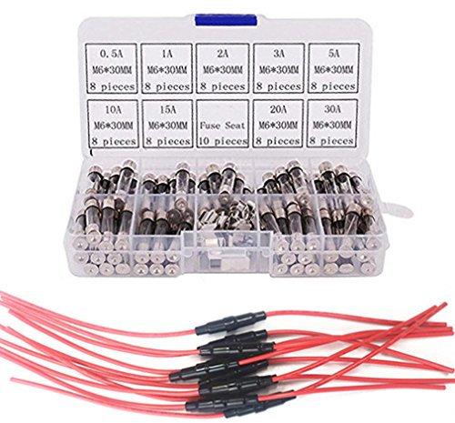 Qiorange 6 x 30mm AGC-Sicherungshalter 10Pcs, Inline-Schraub-Typ mit 16 AWG Draht, + 72Pcs 6 x 30mm flinke Glassicherungen 0.5A 1A 2A 3A 5A 10A 15A 20A 30A Auto Glasröhren Sicherungen