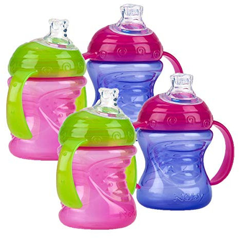 Nuby Two-Handle No-Spill Super Spout Grip N' Sip Cups, 8 Ounce (4 Count, Pink/Purple)