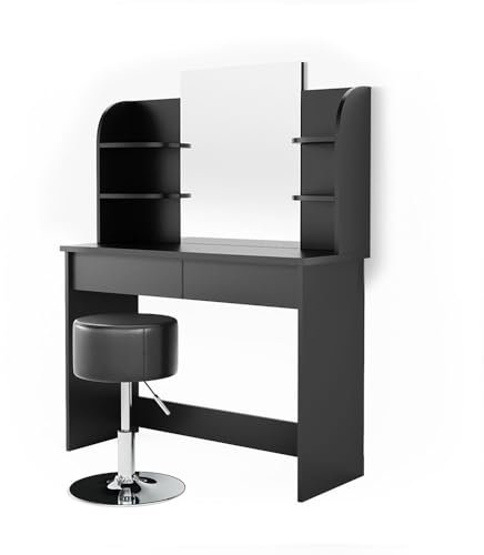Vicco Schminktisch Charlotte, Kosmetiktisch mit Spiegel, Schwarz, 108 cm mit Hocker